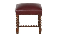 Early 20th century French oak barley twist stool upholstered in burgundy leather