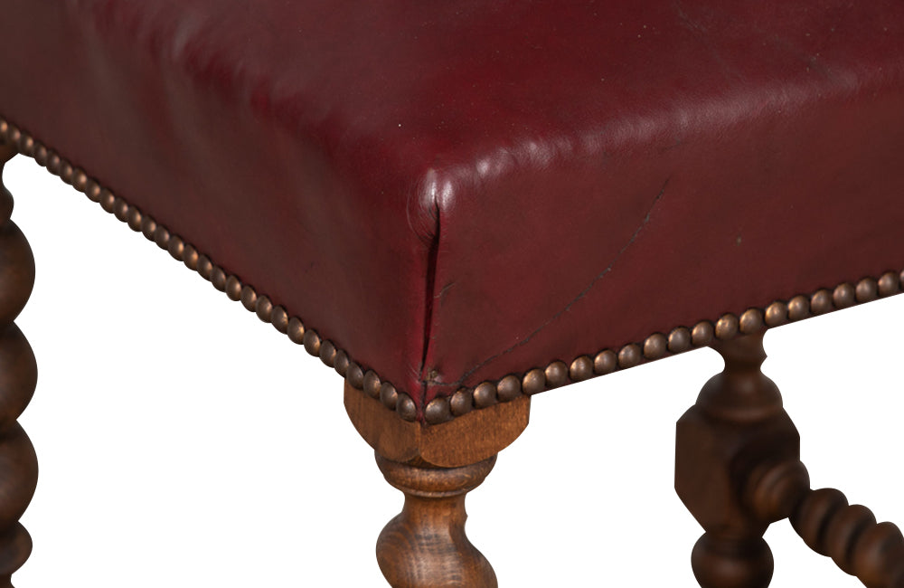 Early 20th century French oak barley twist stool upholstered in burgundy leather