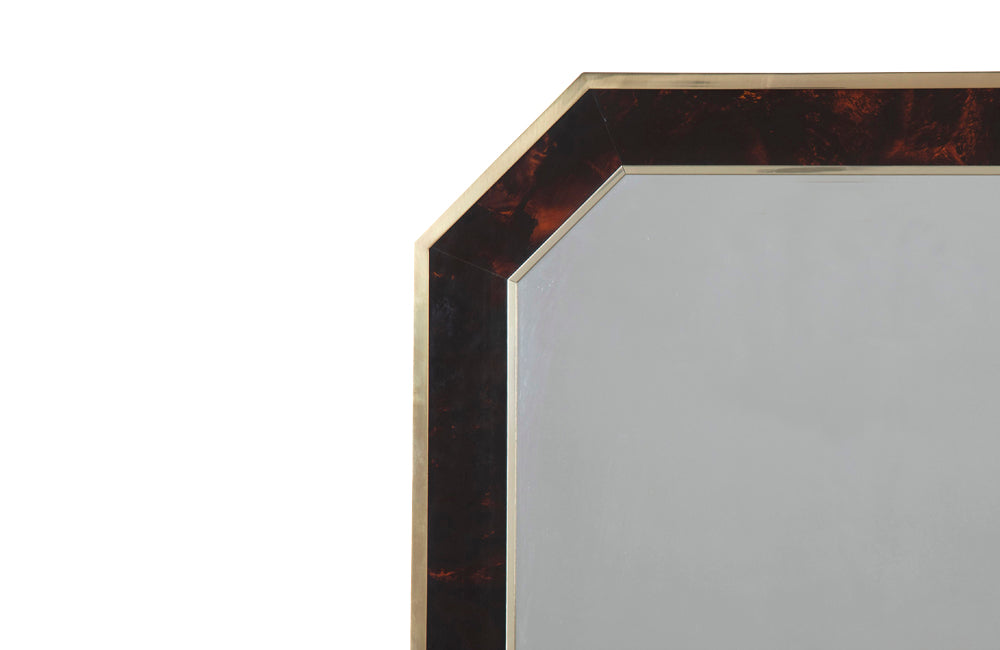 Large chic faux-tortoiseshell lucite and brass mirror in the Dior Home style. Circa 1970