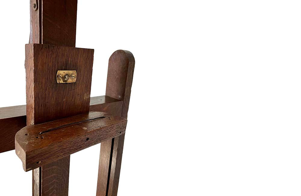 French oak artist's studio easel features a double crank mechanism allowing for the height to be adjustable as well as forward pitch. 19th century