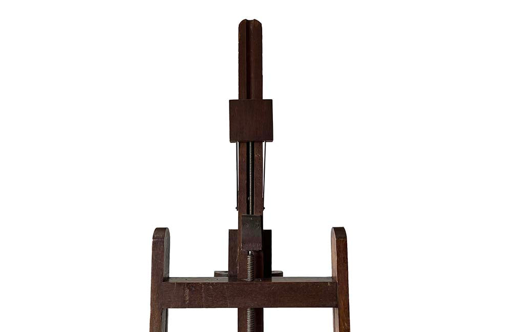 French oak artist's studio easel features a double crank mechanism allowing for the height to be adjustable as well as forward pitch. 19th century