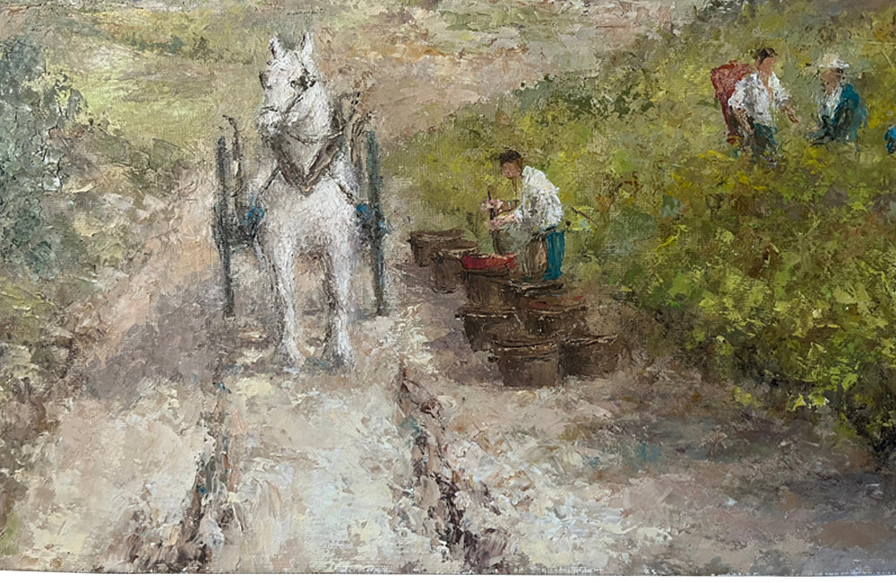 Wonderfully atmospheric 20th Century painting of a grape harvest by Paul Dellong