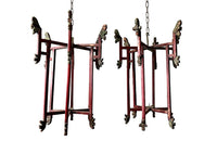 Wonderful pair of Chinese, folding wooden hanging lanterns. Dating to the early 20th century, these lovely hanging candle lights have fabulous patination and are full of atmosphere in their untouched and worn condition. Circa 1920.