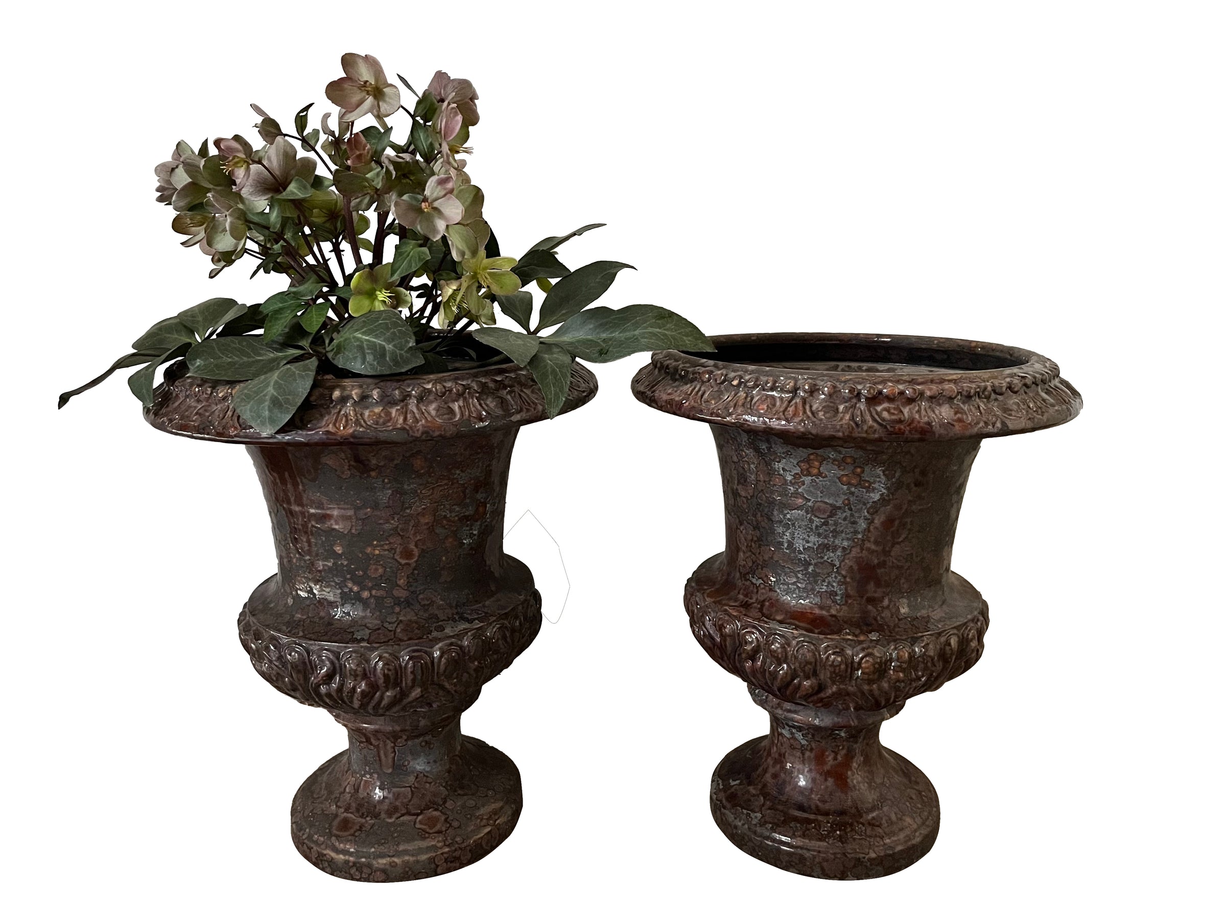 pair of beautiful French Medici terracotta urns in a faux marble glazed finish. 