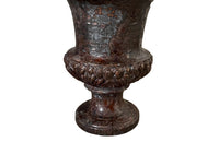 pair of beautiful French Medici terracotta urns in a faux marble glazed finish.