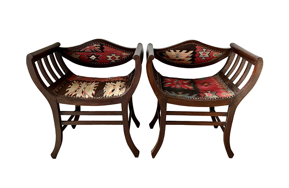 Stylish pair of early 20th century French armchairs studded and upholstered in Kilim. Circa 1920 in the Arts & Crafts Style. AD & PS Antiques