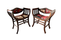 Stylish pair of early 20th century French armchairs studded and upholstered in Kilim. Circa 1920 in the Arts & Crafts Style. AD & PS Antiques