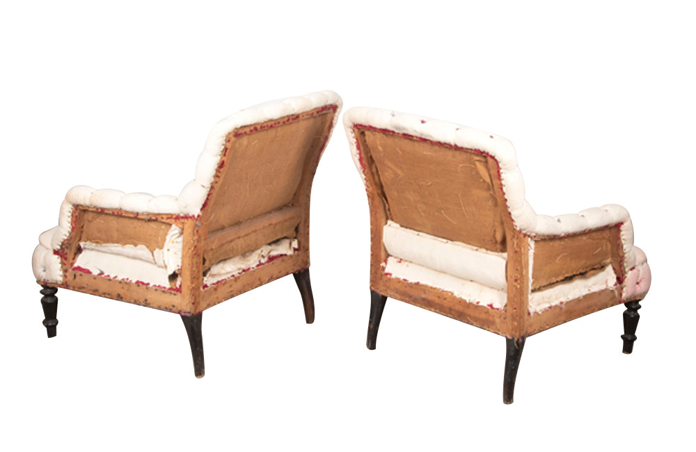 Pair of French, Napoleon III, piecrust country house armchairs.