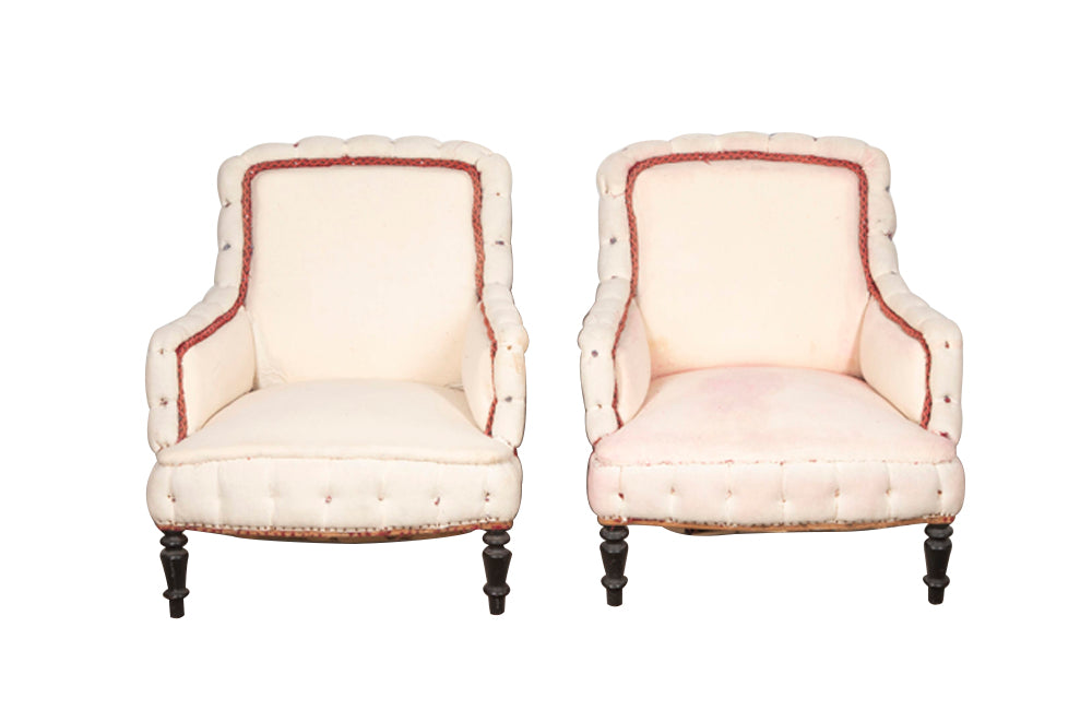 Pair of French, Napoleon III, piecrust country house armchairs.