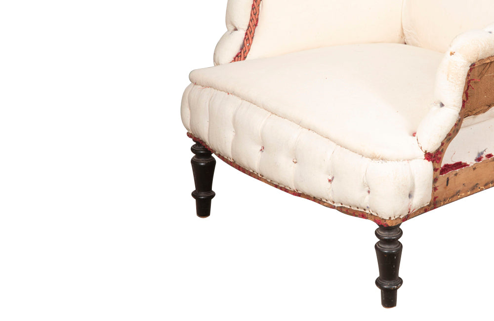 Pair of French, Napoleon III, piecrust country house armchairs.
