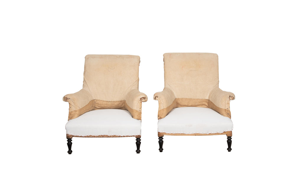 Pair of elegant strIpped French, 19th century, country house armchairs with scrolled backs.