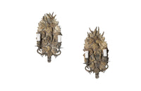 Pretty pair of French tole and pressed brass two branched wall lights decorated with flowers, ivy, grapes and wheat.