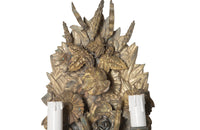 Pretty pair of French tole and pressed brass two branched wall lights decorated with flowers, ivy, grapes and wheat.