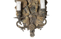 Pretty pair of French tole and pressed brass two branched wall lights decorated with flowers, ivy, grapes and wheat.