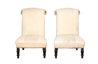 Elegant pair of scroll back, French 19th century chauffeuses slipper chairs