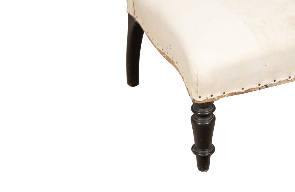 Elegant pair of scroll back, French 19th century chauffeuses slipper chairs