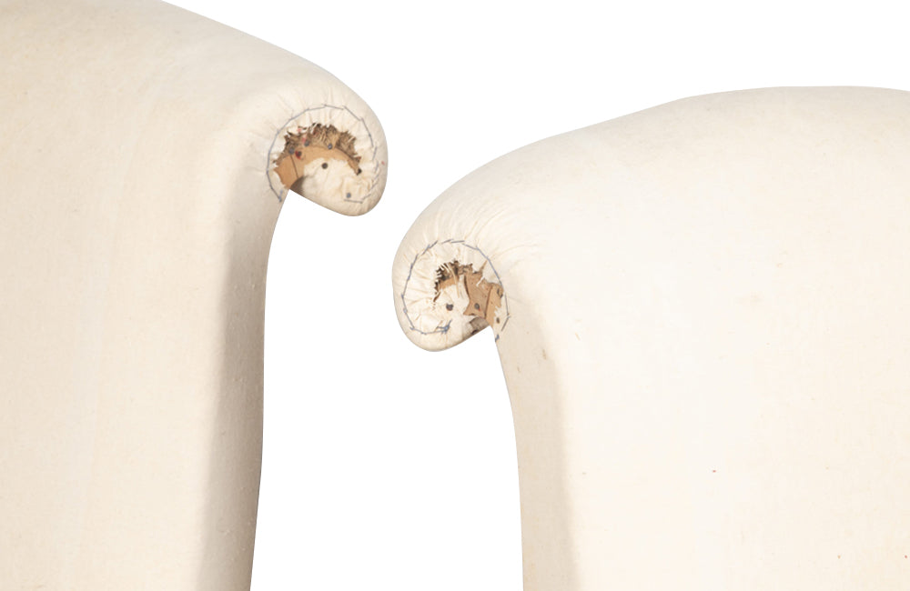Elegant pair of scroll back, French 19th century chauffeuses slipper chairs