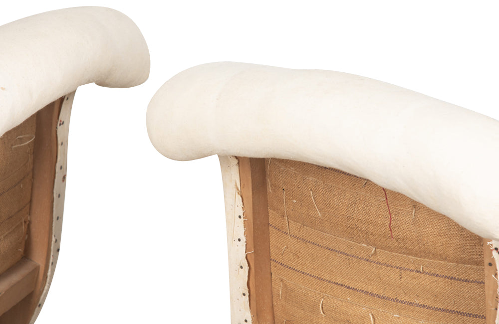 Elegant pair of scroll back, French 19th century chauffeuses slipper chairs