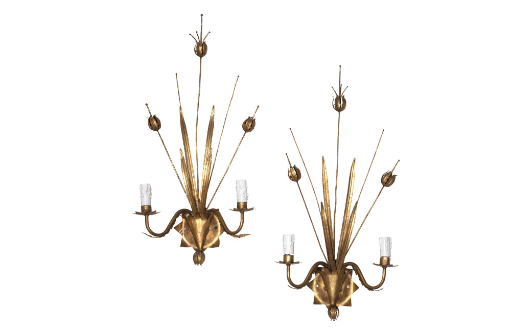 pair of giltmetal bulrush appliques wall lights circa 1970