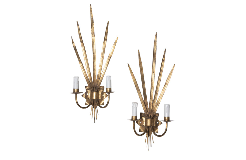 Pair of vintage Spanish gilt metal wall appliques in the form of reeds.