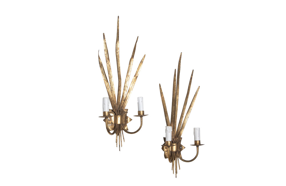 Pair of vintage Spanish gilt metal wall appliques in the form of reeds.