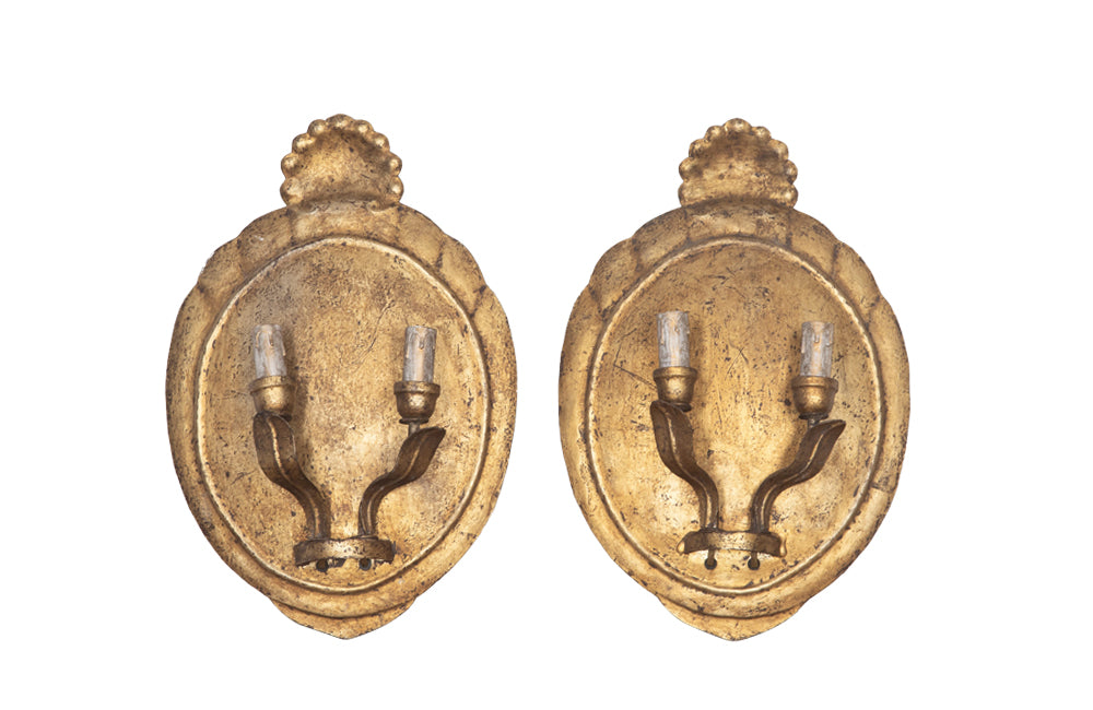 Italian decorative gilt tole oval wall light appliques with shell finials - Decorative Antiques - Antique Wall Lights - AD & PS Antiques
