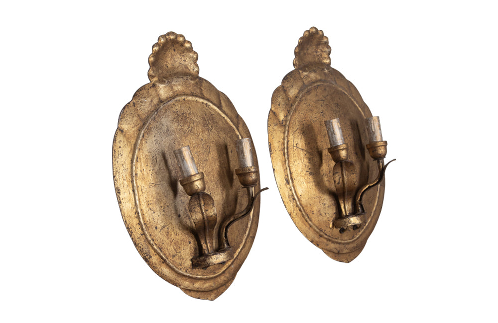 Italian decorative gilt tole oval wall light appliques with shell finials - Decorative Antiques - Antique Wall Lights - AD & PS Antiques