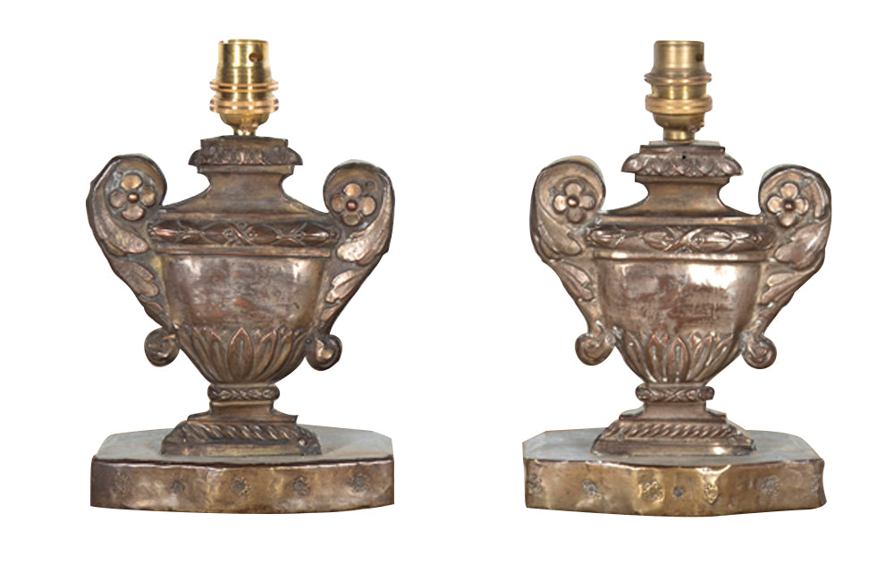 Pair of pressed metal tole 19th century urn table lamps