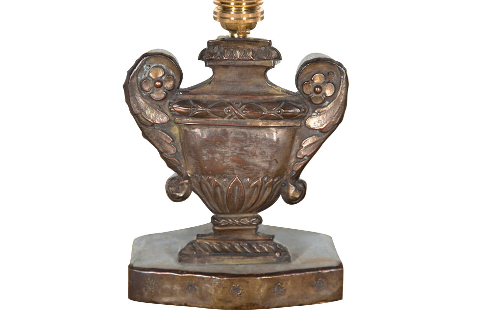 Pair of pressed metal tole 19th century urn table lamps