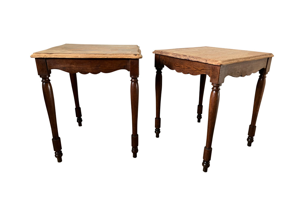 Pair of French square wooden bistro tables with scrubbed tops circa1920