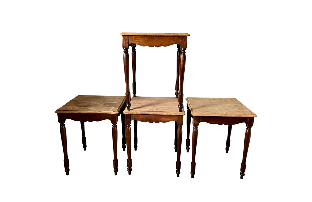 Pair of French square wooden bistro tables with scrubbed tops circa1920