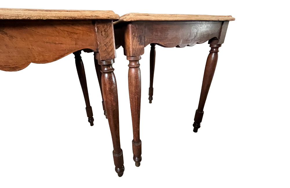 Pair of French square wooden bistro tables with scrubbed tops circa1920