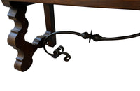 Pair of large Spanish oak benches with backs. Carved legs and decorative wrought iron stretchers.
