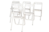 set of six white French metal folding seats inscribed to the back rests with 'Ville de Marseille', Designed by Jean Souvigne in 1965, these chairs are called 'Plichaise'.