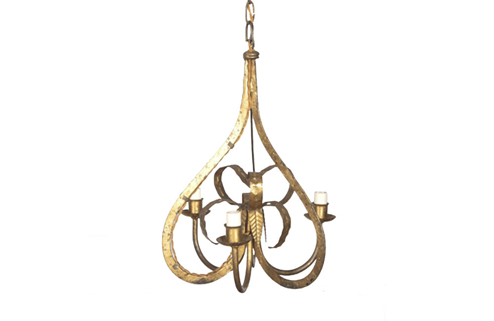 20th century Spanish gilt iron hanging light with hammered finish and central foliate decoration. 