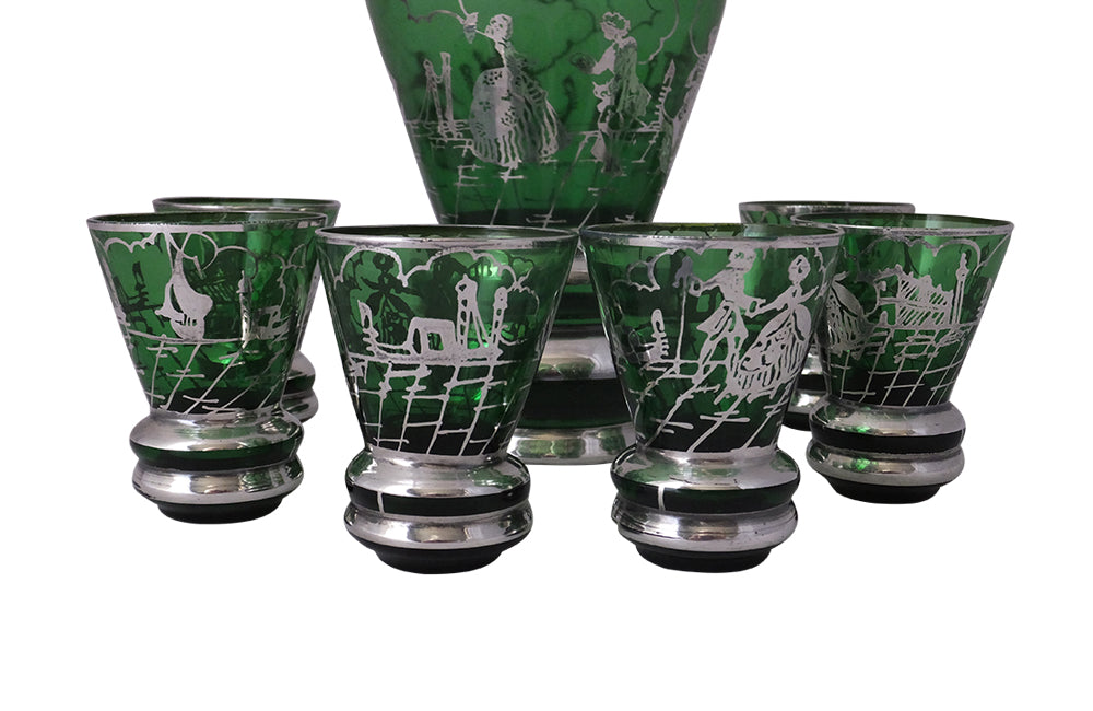 Murano Glass Cocktail Set - Venetian Green Glass & Silver Liqueur Service - Murano Glass Carafe and Glasses - Vintage Glassware - Green Glass - Antique Glassware - Italian Antiques -Vintage Italian Accessories - AD & PS Antiques