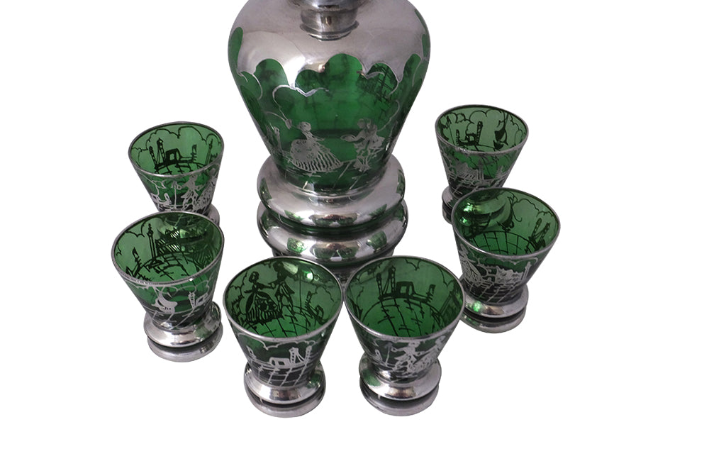 Murano Glass Cocktail Set - Venetian Green Glass & Silver Liqueur Service - Murano Glass Carafe and Glasses - Vintage Glassware - Green Glass - Antique Glassware - Italian Antiques -Vintage Italian Accessories - AD & PS Antiques