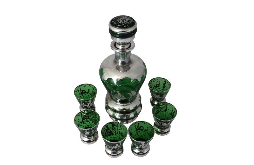 Murano Glass Cocktail Set - Venetian Green Glass & Silver Liqueur Service - Murano Glass Carafe and Glasses - Vintage Glassware - Green Glass - Antique Glassware - Italian Antiques -Vintage Italian Accessories - AD & PS Antiques