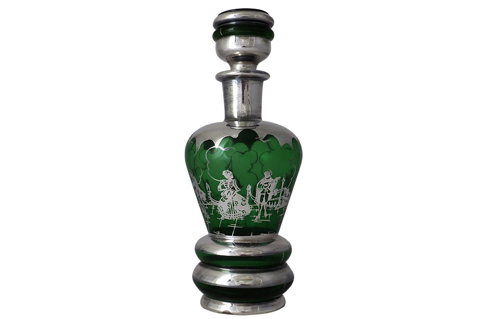 Murano Glass Cocktail Set - Venetian Green Glass & Silver Liqueur Service - Murano Glass Carafe and Glasses - Vintage Glassware - Green Glass - Antique Glassware - Italian Antiques -Vintage Italian Accessories - AD & PS Antiques