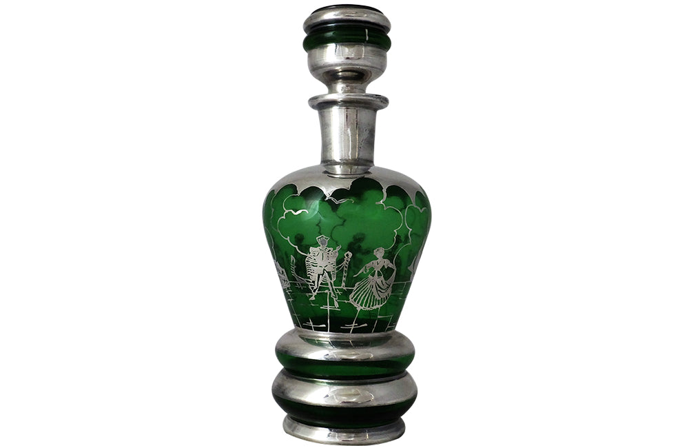 Murano Glass Cocktail Set - Venetian Green Glass & Silver Liqueur Service - Murano Glass Carafe and Glasses - Vintage Glassware - Green Glass - Antique Glassware - Italian Antiques -Vintage Italian Accessories - AD & PS Antiques