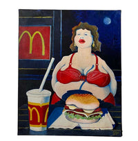 Woman and Hamburger oil painting an Amusing painting of a woman about to enjoy a hamburger and shake at McDonalds.