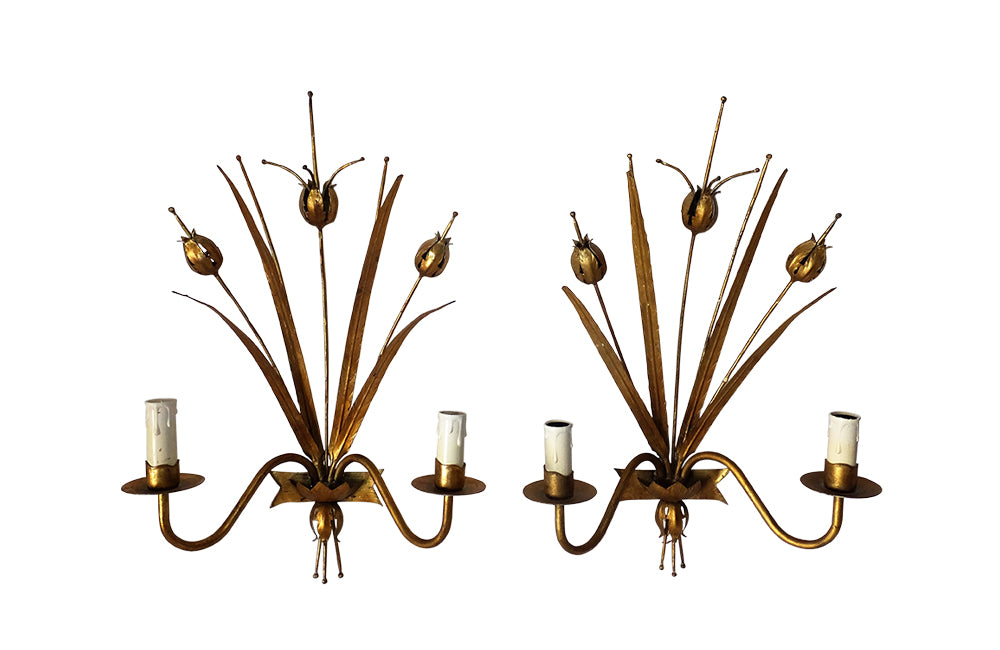PAIR OF GILT METAL BULRUSH WALL LIGHTS