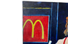 Woman and Hamburger oil painting an Amusing painting of a woman about to enjoy a hamburger and shake at McDonalds.