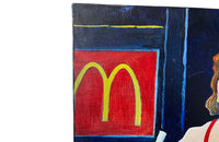Woman and Hamburger oil painting an Amusing painting of a woman about to enjoy a hamburger and shake at McDonalds.