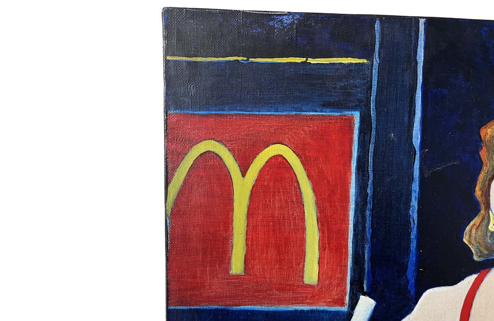 Woman and Hamburger oil painting an Amusing painting of a woman about to enjoy a hamburger and shake at McDonalds.