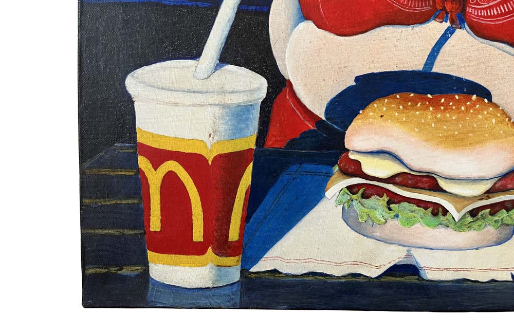 Woman and Hamburger oil painting an Amusing painting of a woman about to enjoy a hamburger and shake at McDonalds.