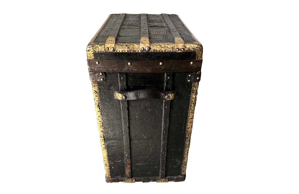 Studded Black Travelling Trunk By Parvy-Vernon - Decorative Antiques - French Antique Furniture - French Antiques - Antique Luggage - Antique Trunk - AD & PS Antiques
