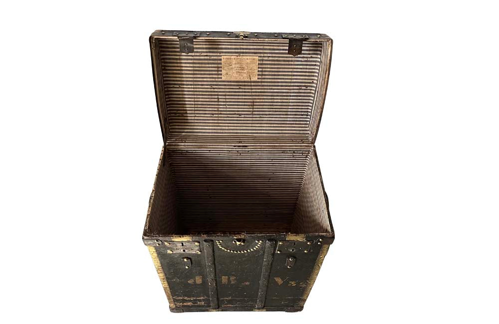 Studded Black Travelling Trunk By Parvy-Vernon - Decorative Antiques - French Antique Furniture - French Antiques - Antique Luggage - Antique Trunk - AD & PS Antiques