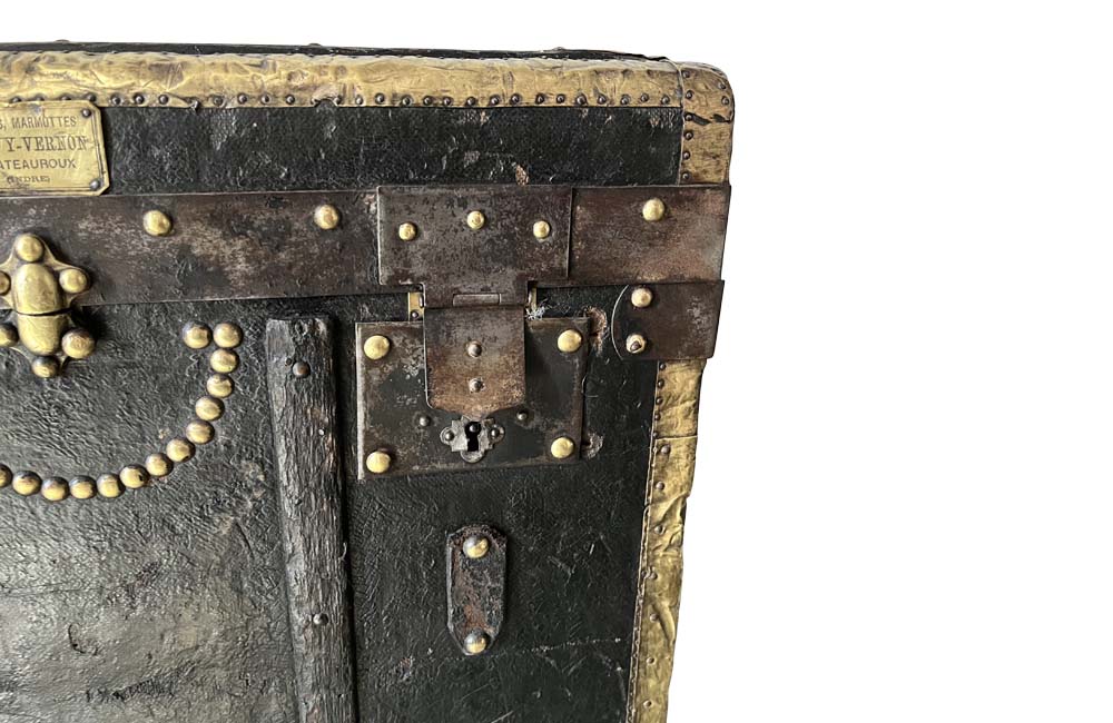 Studded Black Travelling Trunk By Parvy-Vernon - Decorative Antiques - French Antique Furniture - French Antiques - Antique Luggage - Antique Trunk - AD & PS Antiques