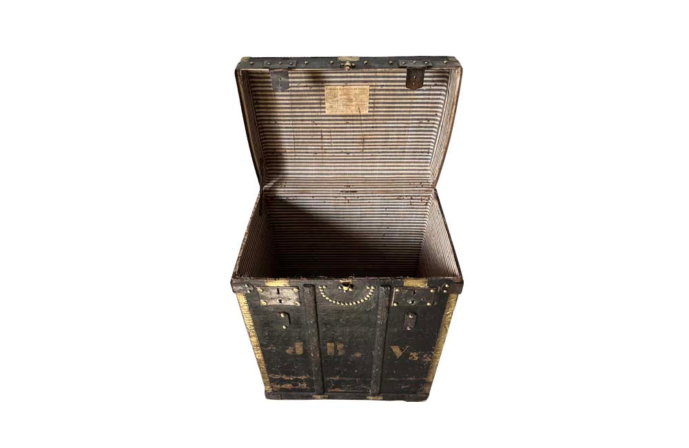 Studded Black Travelling Trunk By Parvy-Vernon - Decorative Antiques - French Antique Furniture - French Antiques - Antique Luggage - Antique Trunk - AD & PS Antiques
